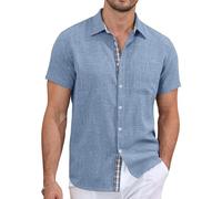 QIXING Men's Button Down Shirts Short Sleeve Casual Summer Beach Shirts Vacation Wedding Tops with Chest Pocket(Denim Blue, S)
