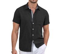 QIXING Men's Button Down Shirts Short Sleeve Casual Summer Beach Shirts Vacation Wedding Tops with Chest Pocket(Black, XL)