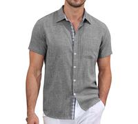 QIXING Men's Button Down Shirts Short Sleeve Casual Summer Beach Shirts Vacation Wedding Tops with Chest Pocket(Dark Gray, 2XL)