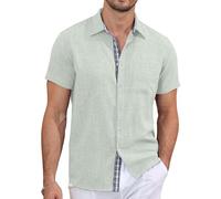 QIXING Men's Button Down Shirts Short Sleeve Casual Summer Beach Shirts Vacation Wedding Tops with Chest Pocket(Light Green, S)
