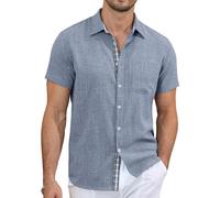 QIXING Men's Button Down Shirts Short Sleeve Casual Summer Beach Shirts Vacation Wedding Tops with Chest Pocket(Dark Gray Blue, S)