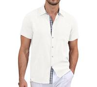 QIXING Men's Button Down Shirts Short Sleeve Casual Summer Beach Shirts Vacation Wedding Tops with Chest Pocket(White, S)