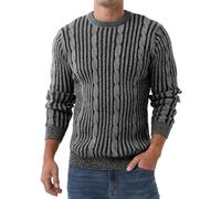 QIXING Men's Cable Knit Jumper Round Neck Interval Stripes Elastic Warm Soft Thick Sweater for Men UK(White Black, XXL)
