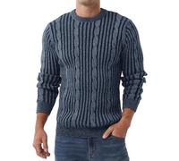 QIXING Men's Cable Knit Jumper Round Neck Interval Stripes Elastic Warm Soft Thick Sweater for Men UK(Blue Dark Navy Blue, L)