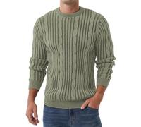 QIXING Men's Cable Knit Jumper Round Neck Interval Stripes Elastic Warm Soft Thick Sweater for Men UK(Light Green Gray, XXL)