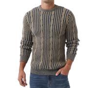 QIXING Men's Cable Knit Jumper Round Neck Interval Stripes Elastic Warm Soft Thick Sweater for Men UK(Khaki Denim Blue, XXL)
