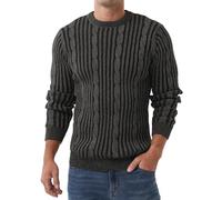 QIXING Men's Cable Knit Jumper Round Neck Interval Stripes Elastic Warm Soft Thick Sweater for Men UK(Gray Black, XL)