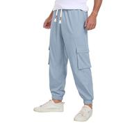 QIXING Mens Corduroy Trousers Baggy Casual Cotton Cargo Trousers for Men UK Drawstring Elastic Waist Sweatpants Relaxed Fit Joggers with 5 Pockets (Light Blue, L)