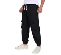 QIXING Mens Corduroy Trousers Baggy Casual Cotton Cargo Trousers for Men UK Drawstring Elastic Waist Sweatpants Relaxed Fit Joggers with 5 Pockets (Black, M)