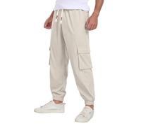 QIXING Mens Corduroy Trousers Baggy Casual Cotton Cargo Trousers for Men UK Drawstring Elastic Waist Sweatpants Relaxed Fit Joggers with 5 Pockets (Beige, S)