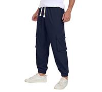 QIXING Mens Corduroy Trousers Baggy Casual Cotton Cargo Trousers for Men UK Drawstring Elastic Waist Sweatpants Relaxed Fit Joggers with 5 Pockets (Navy Blue, S)