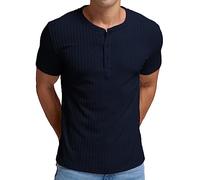 QIXING Men's Henley T-Shirts Short Sleeve Summer Tshirt Classic Slim Fit Stretch Casual Shirt with Front Placket (Navy Blue, M)