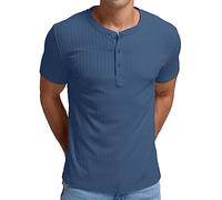 QIXING Men's Henley T-Shirts Short Sleeve Summer Tshirt Classic Slim Fit Stretch Casual Shirt with Front Placket (Blue, M)