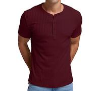 QIXING Men's Henley T-Shirts Short Sleeve Summer Tshirt Classic Slim Fit Stretch Casual Shirt with Front Placket (Wine Red, M)