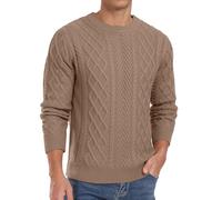 QIXING Men's Jumpers Cable Knit Crew Neck Long Sleeve Thick Sweaters for Men UK Fisherman Textured Soft Knit Casual Pullover (C Khaki, 2XL)