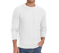 QIXING Men's Jumpers Cable Knit Crew Neck Long Sleeve Thick Sweaters for Men UK Fisherman Textured Soft Knit Casual Pullover (C White, 2XL)