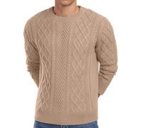 QIXING Men's Jumpers Fisherman Textured Cable Knit Crew Neck Jumper for Men UK Casual Long Sleeve Sweaters Soft Knitted Pullover Tops with Ribbed Edge(Khaki, XXL)