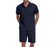 QIXING Men's Polo Shirt and Shorts Set 2 Piece Summer Outfits Casual Co Ord Knit Textured Short Sleeve Matching Set for Beach Vacation(Navy Blue,M)