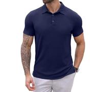 QIXING Mens Polo Shirts Short Sleeve Breathable Quick Dry Golf Shirts Summer Casual Work Knit Stretch Tops for Men Adult UK(Navy Blue, 2XL)