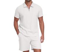 QIXING Mens Shorts and T Shirts Sets 2 Piece Summer Co Ord Outfits 1/4 Zip Polo Collar Shirt Casual Holiday Wear