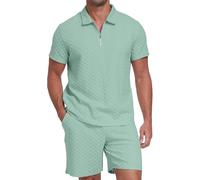 QIXING Mens Shorts and T Shirts Sets 2 Piece Summer Co Ord Outfits 1/4 Zip Polo Collar Shirt Casual Holiday Wear