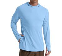 QIXING Men's UPF 50+ Sun Protection Hoodie | Lightweight UV Shirt for Fishing, Hiking & Outdoor Sports | Long Sleeve Rash Guard with Thumb Holes(Light Blue,XL)