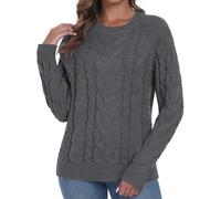 QIXING Womens Cable Knit Jumper Classic Crew Neck Sweater Elegant Long Sleeve Textured Knitwear for Women UK(Dark Gray, L)