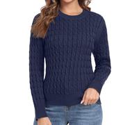 QIXING Women's Cable Knit Jumper Cosy Long Sleeve Round Neck Pullover Casual Sweater Tops for Ladies UK(Navy Blue, XXL)