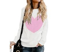 QIXING Women's Jumper Heart-Shaped Cable Knit Winter Sweater Round Neck Long Sleeve Valentine's Day Pullover for Mother Girlfriend (White-Pink, XL)