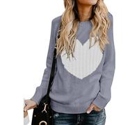 QIXING Women's Jumper Heart-Shaped Cable Knit Winter Sweater Round Neck Long Sleeve Valentine's Day Pullover for Mother Girlfriend (Blue Grey-White, M)