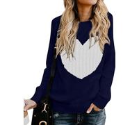 QIXING Women's Jumper Heart-Shaped Cable Knit Winter Sweater Round Neck Long Sleeve Valentine's Day Pullover for Mother Girlfriend (Navy Blue-White, XL)