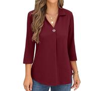 QIXING Womens Long Sleeve Blouses Casual V Neck Johnny Collar Shirt Button Downs Ladies Tunics for Women UK (A06 Wine Red, M)