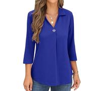QIXING Womens Long Sleeve Blouses Casual V Neck Johnny Collar Shirt Button Downs Ladies Tunics for Women UK (A04 Royal Blue, S)
