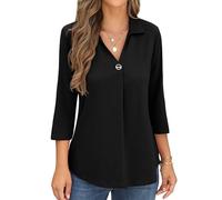 QIXING Womens Long Sleeve Blouses Casual V Neck Johnny Collar Shirt Button Downs Ladies Tunics for Women UK (A01 Black, S)