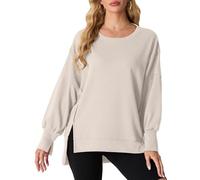 QIXING Women's Oversized Sweatshirt Crewneck Cotton Jumper Long Sleeve Pullover Tops Fall Fashion Outfits 2024 High Low Asymmetric Hem with Side Split (Apricot,L)
