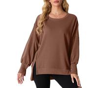 QIXING Women's Oversized Sweatshirt Crewneck Cotton Jumper Long Sleeve Pullover Tops Fall Fashion Outfits 2024 High Low Asymmetric Hem with Side Split (Dark Brown,XL)