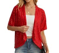 QIXING Women's Sequin Sparkle Lightweight Short Sleeve Cardigan Casual Party Clubwear Cover Up Glitter Shrug Sequin Jacket(Red, XL)
