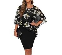 QIXING Womens Summer Casual Dress Loose Batwing Sleeve Crew Neck Chiffon Cape Elegant Midi Cocktail Pencil Dresses for Women UK for Funeral Party Wedding (FP Yellow Lily, M)
