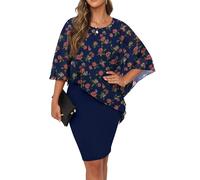 QIXING Womens Summer Casual Dress Loose Batwing Sleeve Crew Neck Chiffon Cape Elegant Midi Cocktail Pencil Dresses for Women UK for Funeral Party Wedding(Navy Blue Rose, XXL)