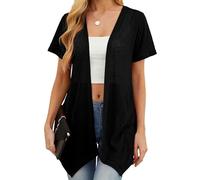 QIXING Womens Summer Lightweight Cardigan - Sun Protection, Breathable, Soft Short Sleeve Cardigans Perfect for Summer Nights, Office and Dating(Long Hem Black, XL)