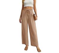 QIXING Womens Summer Wide Leg Trousers Elastic High Waist Casual Loose Pants with Pockets and Drawstring for Women UK Ladies Work Tracksuit Yoga Gym Running Trouser (Khaki, M)
