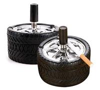 Qixuer 2 Pieces Black Ashtray,Rotating Ashtray Durable Cigarette Ash Tray Stainless Steel with Lid in the Shape of Truck Tyres Modern Ashtray Wind Ashtray for Garden Office Home Outdoor Balcony