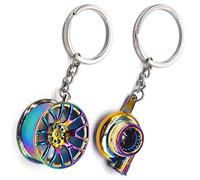 Qixuer 2 Pieces Metal Key Chain,Mini Turbo Keychain Car Metal Key Chain Turbocharger Spinning Turbine Keyring Car Rim Wheel Keychain Tire Wheel Keychain Auto Parts Model Keychain for Men