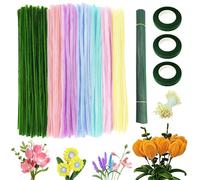 Qixuer Pipe Cleaner Flower Craft Set, 400 Pipe Cleaners (300 Macaron Colors + 100 Army Green), with Stems, Pistils & Floral Tapes, Ideal for Pfeifenreiniger DIY Decor