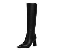 QIY Knee High Boots Women Faux Leather Chunky High Heel Pointed Square Toe Side Zipper Fall Long Tall Boots for Women, Black, 4 UK