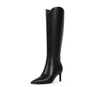 QIY Women Knee High Boots Kitten Heel Pointed Toe Tall Boots Side Zipper Long Fall Boots, A Black, 4 UK