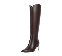 QIY Women Knee High Boots Kitten Heel Pointed Toe Tall Boots Side Zipper Long Fall Boots, A Chocolate, 7 UK