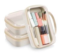 Qiyaz 3 Pcs Clear Hard Plastic Zipper Case, Hard Clear Zipper Pouch with Handle, Makeup Cosmetic Bag Organizer Storage Bins for Snacks Travel Toiletries Puzzles Small Items(Beige)