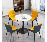 Qiydia 5-piece Round Dining Table, Modern Marble Dining Table with 4 Upholstered Chairs, Kitchen & Conference Table Set with Metal Base for Apartment, Small Space(90cm/35, White + Yellow)