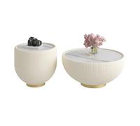 Qiydia Bowl-shape Coffee Table Set of 2, Modern Sintered Stone Top Cocktail Center Table and End Table, Fluted Pu Leather Covered & Metal Base, Round Side Table for Living Room(A Set, White A)